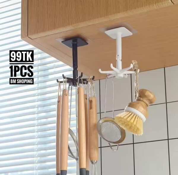 Kitchen Hook Storage Rotating Racks Holder spatula spoon Organizer Telescopic Self Adhesive Storage 6 Hooks Cooking Spoon Hanging Bathroom Home Wall Hanger