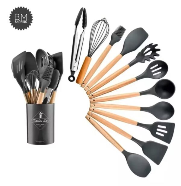 12pcs/set, Silicone Cooking Utensils Set With Wooden Handle, Colorful Non-stick Pot, Heat Resistant - Image 4