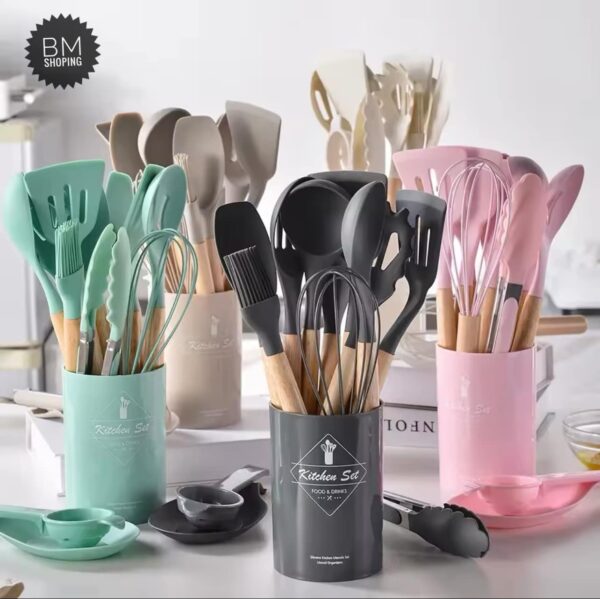 12pcs/set, Silicone Cooking Utensils Set With Wooden Handle, Colorful Non-stick Pot, Heat Resistant